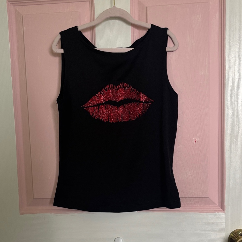 Moa Moa Black Tank with Red Sequin Lip Graphic